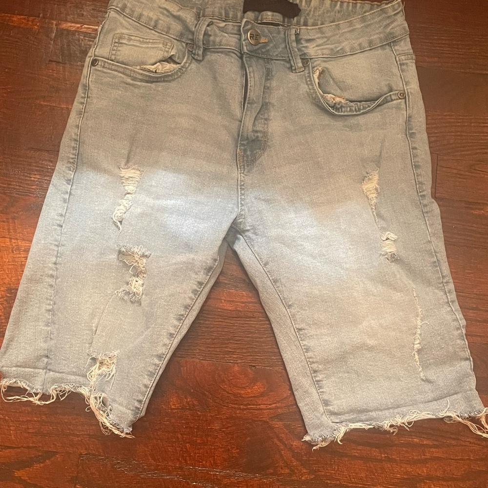 Distressed Light Blue Denim Shorts
